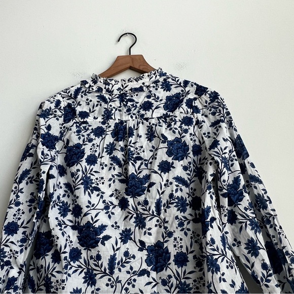 Talbots Popover Petite S Vibrant Floral Ruffle Trim Blouse Blue Coquette Cottage - Picture 10 of 11